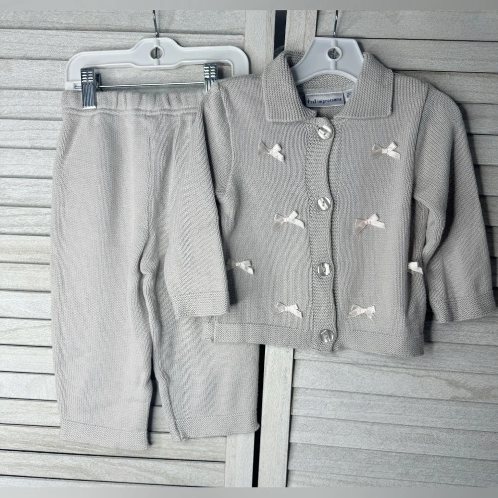 Vintage First Impressions Knit Set 18M Gray Bow Cardigan Pants Baby Outfit
